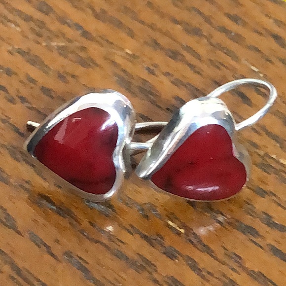 TAXCO Sterling Silver Red Jasper Heart Cabochon Drop Dangle Earrings - Picture 2 of 16